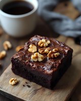 Rich chocolate brownie topped with glossy ganache and walnuts on wooden board, served with black coffee. Dark moody food photography for bakery marketing.
