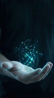 Open hand holding glowing blue digital particles and light streams representing technology innovation and futuristic concepts for business presentations.