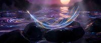 Ethereal feather floating above dark stones on mystical water surface with purple sunset sky creating magical fantasy atmosphere for meditation designs.
