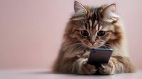 Adorable fluffy kitten holding smartphone with tiny paws on pink background. Cute tabby cat using mobile phone for social media and technology concepts.