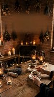 Cozy witch cottage interior with dried herbs, candles, oil lamps and hands holding herbal tea cup creating mystical atmospheric home decor scene.
