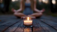 Glowing candle in glass holder on wooden surface with blurred meditating person in lotus position in background, creating peaceful zen atmosphere at dusk.