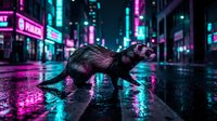 Ferret walking on wet urban street at night surrounded by neon pink and cyan glowing signs and skyscrapers, cyberpunk aesthetic.