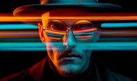 Young man in glasses illuminated by vibrant neon orange and blue lights creating dramatic cyberpunk atmosphere with reflective lens effect and moody expression.