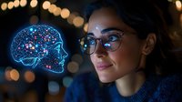 Young South Asian woman in glasses looking at glowing digital brain hologram with neural network connections against dark background with bokeh lights.