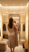 Woman with long dark hair wearing a beige slip dress standing in a luxury walk-in closet with mirrored doors, warm lighting, and organized clothing displays for fashion retail or interior design.