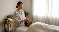 Professional massage therapist performing relaxing head massage treatment on male client in serene spa wellness center with natural lighting and plants.