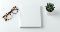Minimalist workspace with blank notebook, tortoiseshell eyeglasses and small succulent plant on clean white background for office branding mockups.