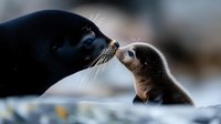 Adult and baby sea lion touching noses in tender moment against blurred natural background, showing parental care and bonding behavior in marine mammals.