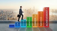 Professional businessman climbing colorful success steps with growth career achievement labels over city skyline at sunrise for motivation concepts.