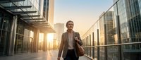 Mature woman in business attire walking through modern urban corridor at sunrise, carrying leather briefcase, professional corporate environment with glass buildings and natural lighting.