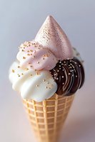 Gourmet ice cream cone featuring swirls of vanilla, chocolate, and pink gelato topped with gold sprinkles in waffle cone against light background. Luxury dessert photography.
