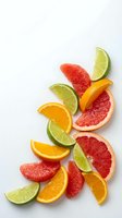 Fresh citrus fruit slices including grapefruit, orange and lime wedges arranged on white background for healthy eating and vitamin C concepts.