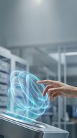Human hand interacting with holographic brain projection from tablet in modern office environment showcasing artificial intelligence technology.