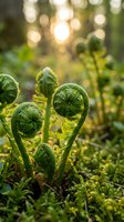 Young fern fronds unfurling in forest with golden sunlight filtering through trees creating warm bokeh background for nature and growth concepts.