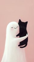 Gentle ghost hugging black cat against pink background, minimalist art style with peaceful sleeping expressions, supernatural friendship concept for Halloween designs.