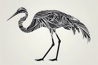 Stylized black crane silhouette with geometric feather pattern on light background, artistic nature illustration for wall art and textile design.
