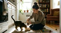 Young woman feeding tabby cat in cozy home kitchen with natural sunlight streaming through window creating warm domestic morning scene.