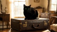 Black cat sitting on vintage brown leather suitcase in warm sunlit room. Perfect for pet, travel, and home decor designs.
