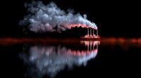 Industrial factory with smoking chimneys reflected in water at night, dramatic red glow and white smoke clouds creating mirror effect against dark background.