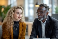 Young Caucasian woman with curly blonde hair in mustard cardigan and mature African American businessman in glasses having professional mentoring conversation in office.