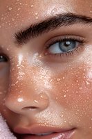 Close up of glowing skin with water droplets and natural makeup showing bright blue eye and defined eyebrow, fresh dewy complexion for beauty and skincare.