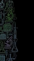 Green line art laboratory equipment pattern on black background with microscopes, test tubes, beakers and scientific instruments for research design.