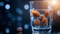 Dates soaking in clear glass of water with warm golden light and bokeh background for healthy nutrition and Ramadan iftar preparation.