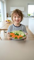 Happy young boy holding plate of fresh vegetables in modern kitchen promoting healthy eating habits for children and family nutrition education.