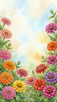 Watercolor zinnia garden border with vibrant pink, orange, purple and yellow blooms framing a soft pastel sky background with copy space.