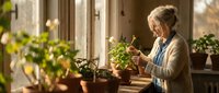Senior Caucasian woman in cozy sweater tending to potted plants on sunny windowsill, enjoying peaceful indoor gardening hobby at home.