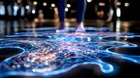 Glowing blue light trails on dark background create dynamic abstract pattern with pink accents. Blurred motion and bokeh effects add depth and movement.