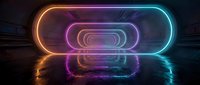 Futuristic neon tunnel with glowing colorful lights creating perspective depth on reflective wet surface for sci-fi backgrounds and digital art projects.