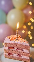Birthday cake slice with lit candle and colorful balloons in background with warm bokeh lights for celebration party dessert concepts.
