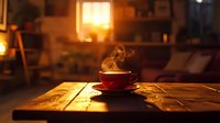 Steaming red coffee cup on rustic wooden table in cozy room with warm ambient lighting and morning sunlight creating atmospheric mood for relaxation.