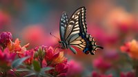 Swallowtail butterfly with black and yellow wings perched on vibrant pink flowers in a colorful garden setting. Macro nature photography with soft bokeh background.