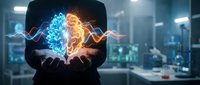 Businessman holding glowing energy orb with blue and orange light waves in modern office setting, representing power, innovation, and digital transformation.