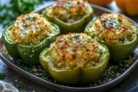 Green bell peppers stuffed with creamy cheese mixture and breadcrumbs, topped with melted golden cheese and fresh herbs, served on rustic plate for appetizer.