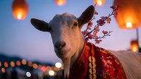 Goat wearing traditional red vest with cherry blossoms and glowing lanterns at twilight festival celebration creating magical atmospheric scene.