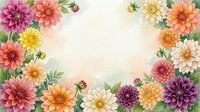 Watercolor dahlia floral frame with colorful blooms in pink, yellow, orange and purple on soft pastel background with copy space.
