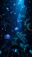 Underwater cave scene with glowing jellyfish swimming through deep blue water with sunlight rays and bubbles creating mystical marine environment.