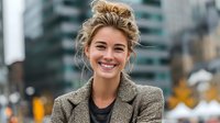 Young professional Caucasian businesswoman with blonde hair smiling confidently in urban city environment wearing elegant blazer for corporate success.