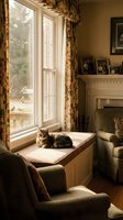 Cozy tabby cat relaxing on sunny window seat in warm living room with fireplace and vintage decor creating peaceful domestic atmosphere.