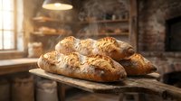 Freshly baked artisan bread loaves with golden crust on wooden table in rustic bakery kitchen with brick walls and warm lighting for culinary content.