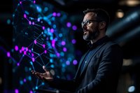 Bearded Caucasian businessman in glasses presenting digital network visualization with glowing blue and purple nodes floating above palm in dark office space.