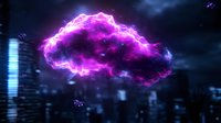 Glowing purple cloud formation with electric energy effect floating above dark cityscape at night, creating mystical atmospheric scene against urban skyline background.