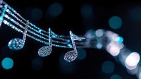 Glowing blue musical notes floating on dark background with bokeh lights create magical atmosphere for music-related designs and holiday decorations.
