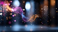 Magical glowing particles in pink, blue and gold colors creating ethereal wave effect against dark background with soft bokeh lights and sparkles.