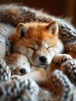 Sleeping ginger Shiba Inu puppy wrapped in cozy knitted blanket, close-up portrait showing peaceful expression and soft fur. Perfect for pet care concepts.