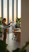 Professional businesswoman using holographic technology in modern office with city view during golden hour sunset lighting.